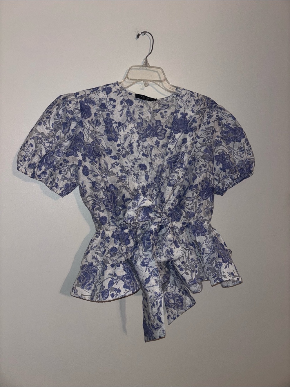 AKIRA Blue and White Floral Tie-Front Peplum Blouse - Picture 3 of 5